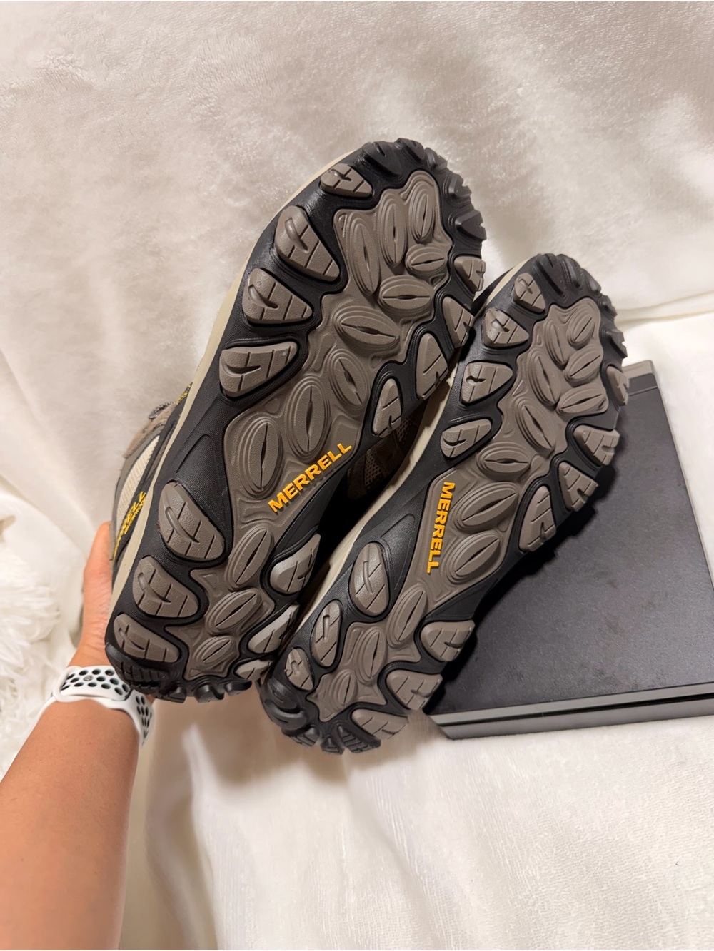 Merrell Men's Hiking Boots in Taupe, Black & Yellow Accents - Picture 4 of 13
